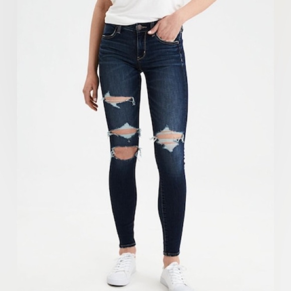 American Eagle Next Level Stretch High Rise Distressed Jeans Dark Wash Size 12 S